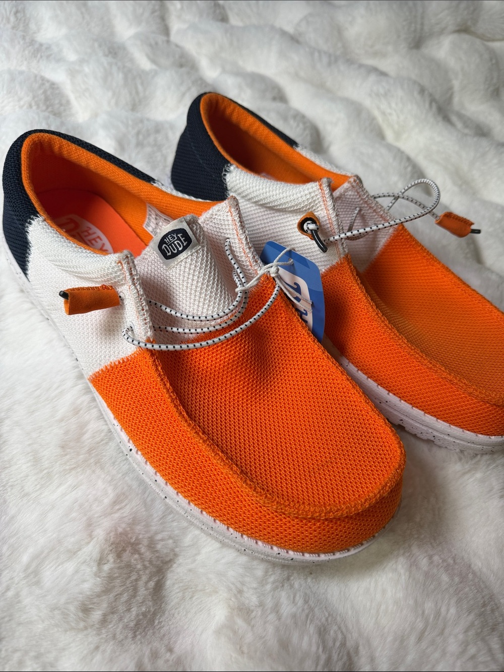 Hey Dude Orange White Knit Slip-On Shoes with Navy Heel